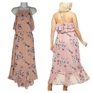 LORALETTE Pink Purple Floral Print Ruffle Cross Back High-Low Maxi Dress 1X NWT